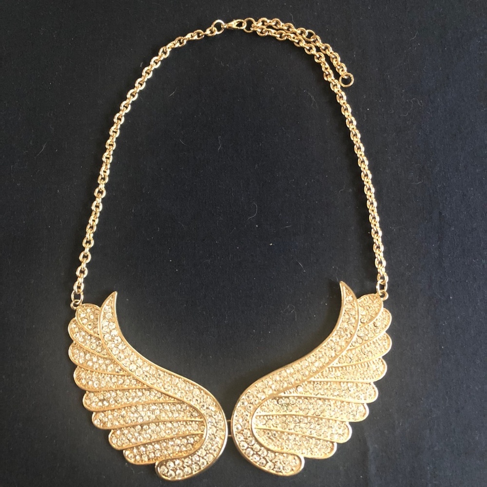 Angel Wings Gold Tone White Crystal Hinged Statement Necklace